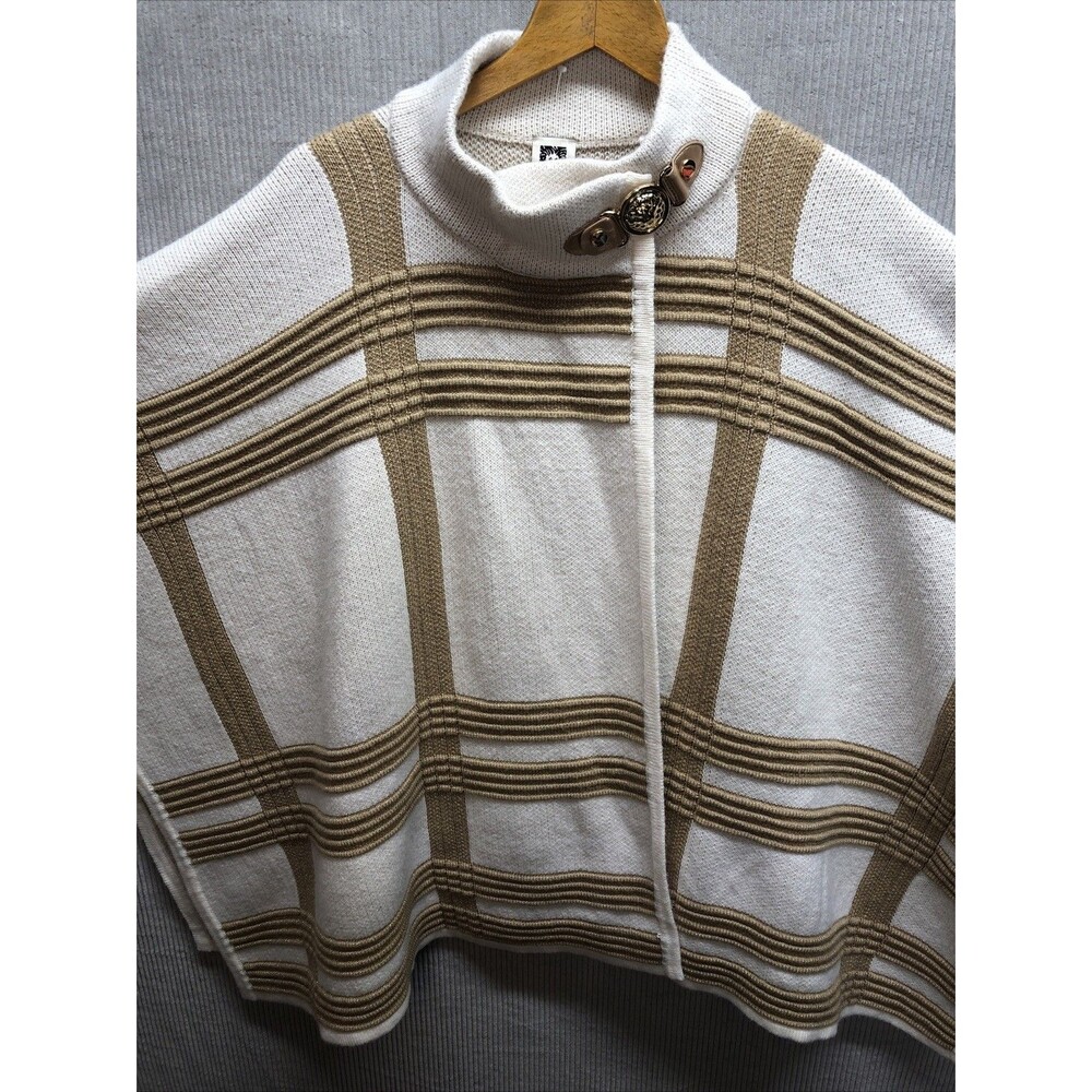 Anne Klein Poncho Size M Cream Check Gold Metallic Old Money Lion Buckle Closure